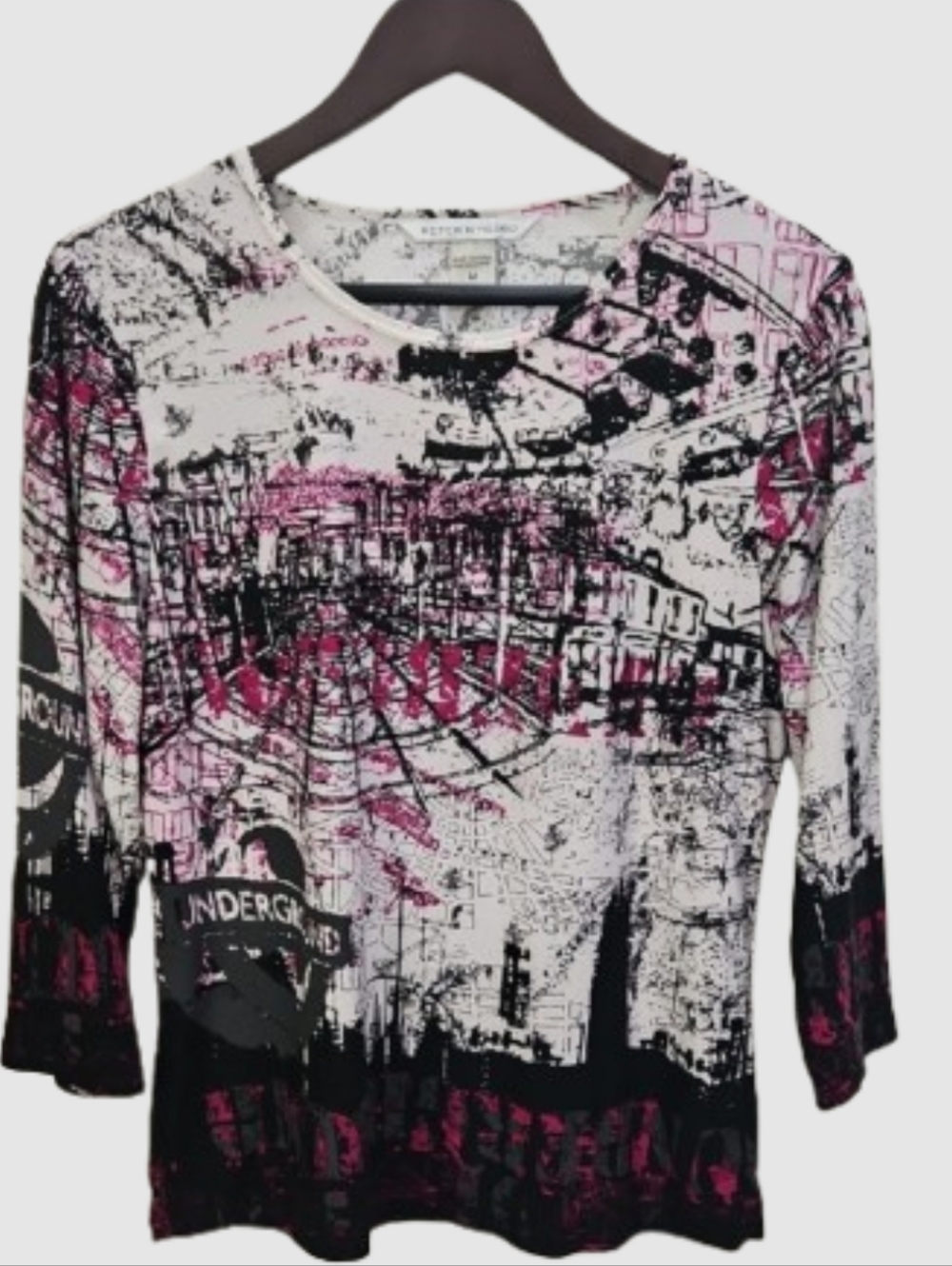Peter Nygard Graphic Print Top Black White Pink 3/4 Sleeve Artsy Top Sz Med